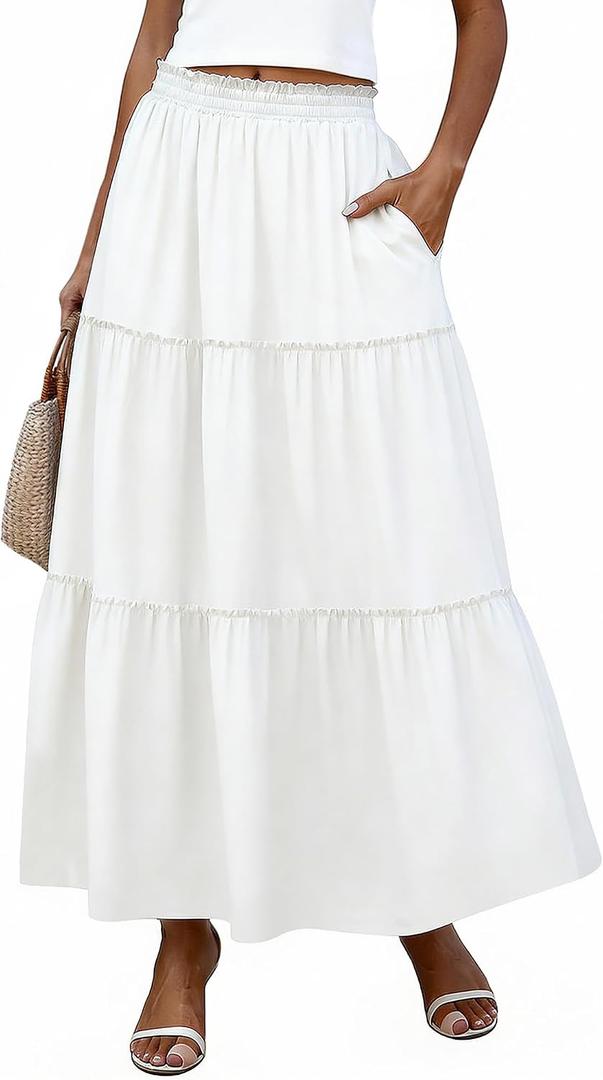 Bellcoco Long Skirts for Women Maxi Spring Summer Swing Tiered A-Line Elastic High Waist Boho Flowy Skirts with Pockets White Large