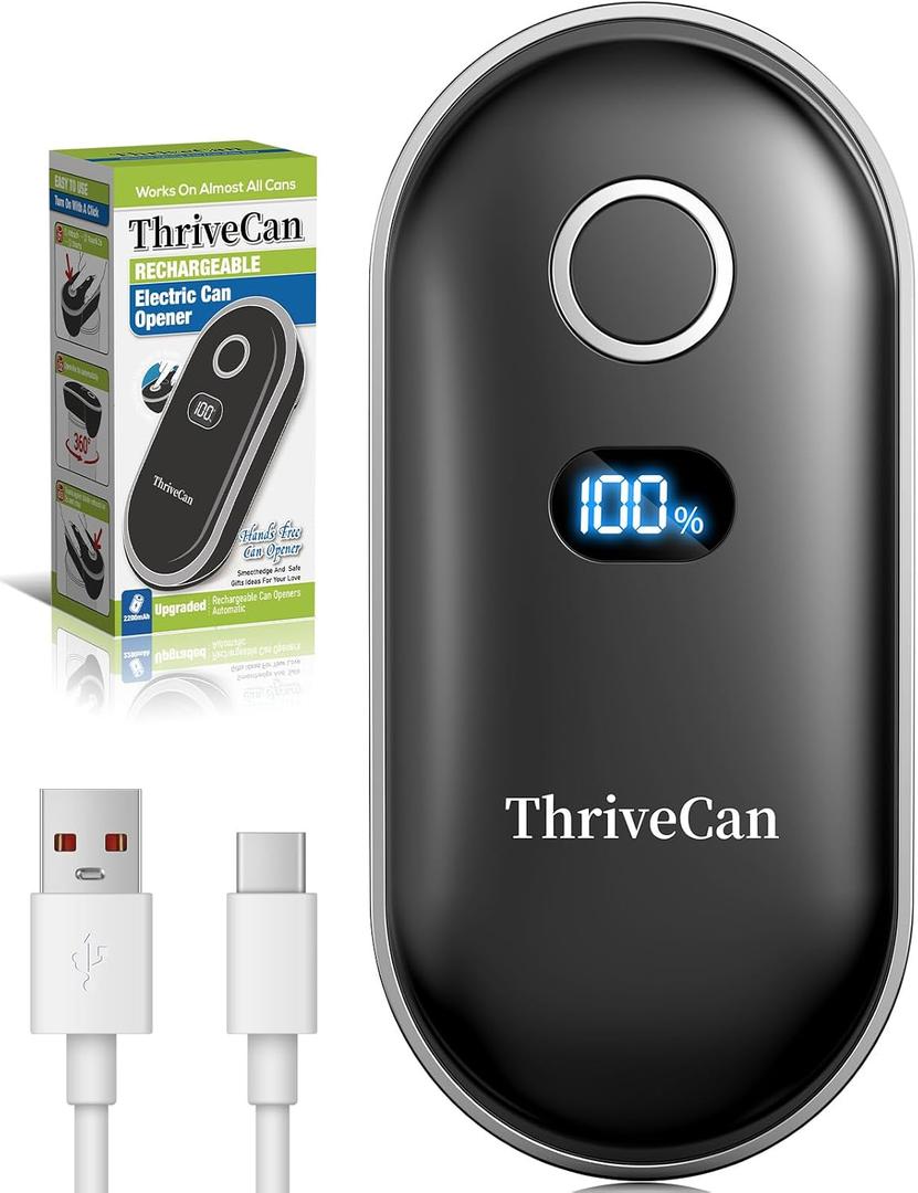 Rechargeable Electric Can Opener One-Touch for Seniors & Arthritis & Weak Hands, Smooth-Edge Side-Cut, Hands Free & Easy, Ergonomic Design Works on All Can Sizes, Ideal Kitchen Gift Black