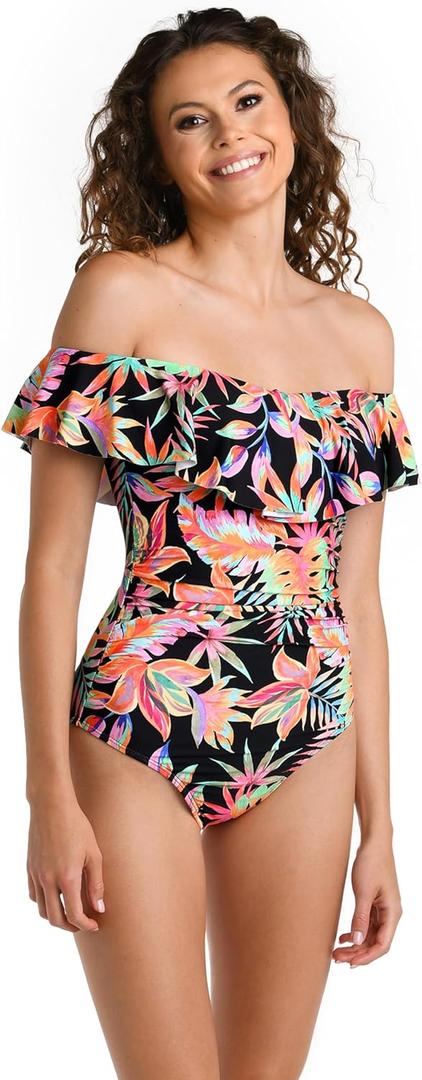 La Blanca baby-girls Off Shoulder Ruffle One Piece Swimsuit (Size 8, Black//Best Escape)