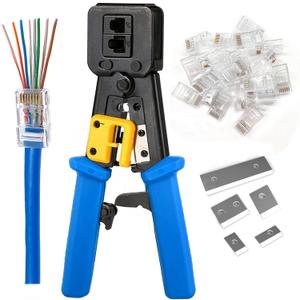 RJ45 Crimping Tool Ethernet Crimper for Cat6 Cat5 Cat5e RJ45 Pass Through Connectors and RJ12 Ends Comes with 20PCS RJ45 Cat6 Connectors and Replacement Blades