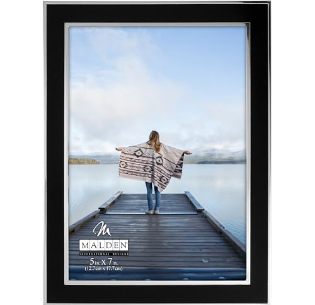 Malden International Designs Black Sleek With Silver Inside Border Picture Frame, 5x7, Black