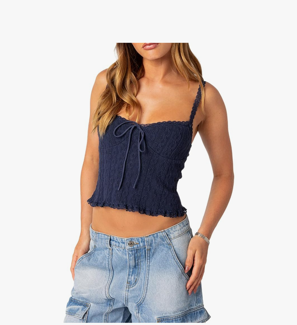 RUEWEY Women Lace Trim Camisole Spaghetti Strap Tank Tops Sleeveless Cami Shirt Summer Going Out Top Size S