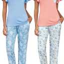 Ekouaer 2 Pack Womens Pajama Sets Short Sleeve with Long Pajama Pant Set Soft Sleepwear Printed Pj Lounge Sets with Pockets (XX-Large, Light Blue Floral+pink Fruit)