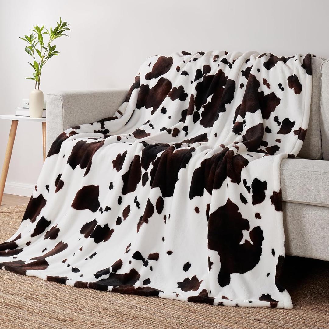 Cozy Bliss Cow Print Fuzzy Throw Blanket for Couch - Thick Soft Warm Non Shedding Fleece Blankets for Western Dcor Room, for Kids, Women Men Girls, Black Brown 40"*50"