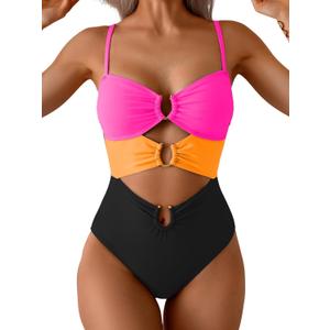 Eomenie One Piece Swimsuit for Women Ring Linked Monokini Sexy Bathing Suit Cutout Swim Suit (XX-Large, Hot Pink Orange Black)