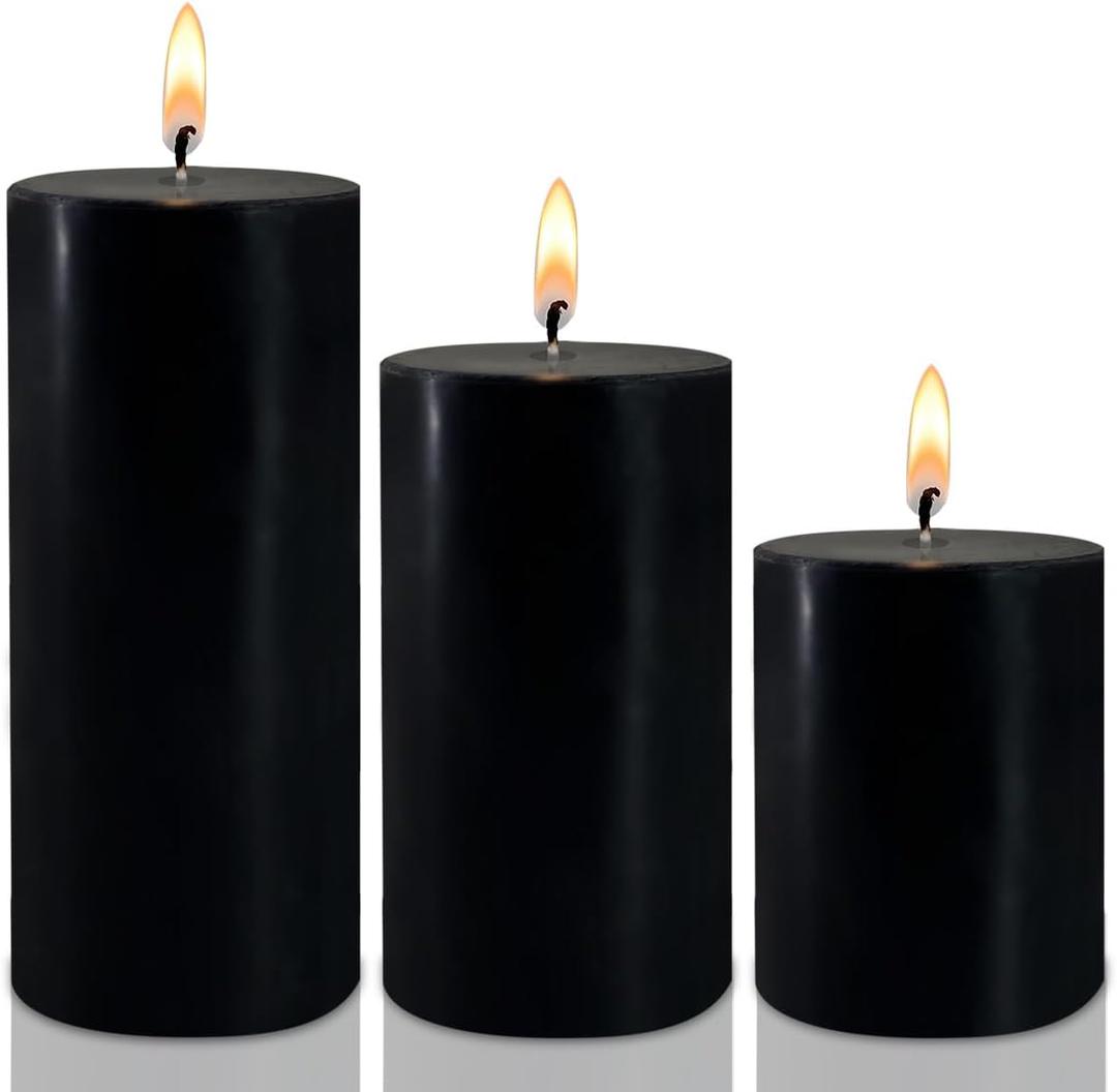 Black Pillar Candles Set of 3 - Dripless Unscented - 3x4, 3x6 & 3x8 inches Decorative Candles for Home Decor & Table Centerpieces