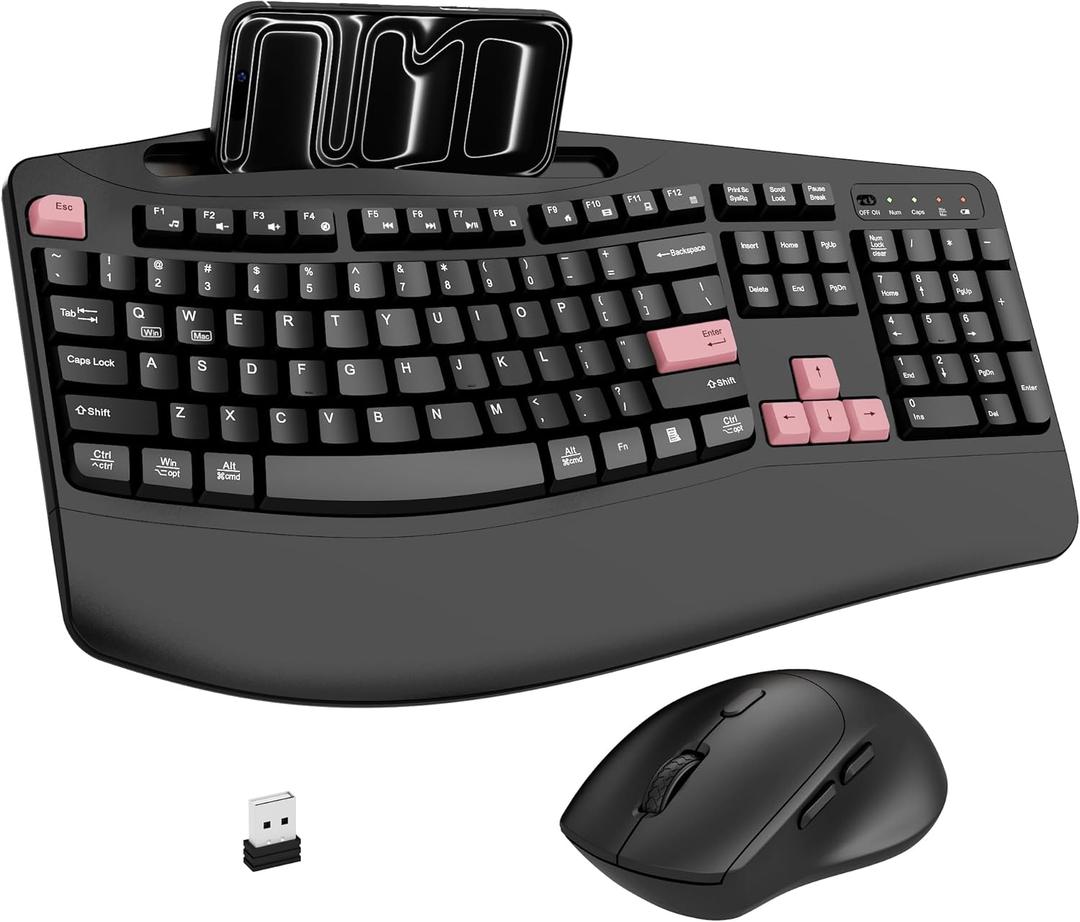 Wireless Keyboard and Mouse Combo, 2.4G Full Size Wave Keys Ergonomic Keyboard with Wrist Rest, Phone Holder, 3-Level DPI Wireless Silent Mouse with 6-Buttons, for Windows (Pink)