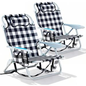 2 Pack Lightweight Portable Camping Beach Chair for Adults, Outdoor Lay Flat Folding Beach Chairs with 5 Positions, Backpack Beach Chair with Towel Bar, Zipper Pouch, Cup Holder, Plaid