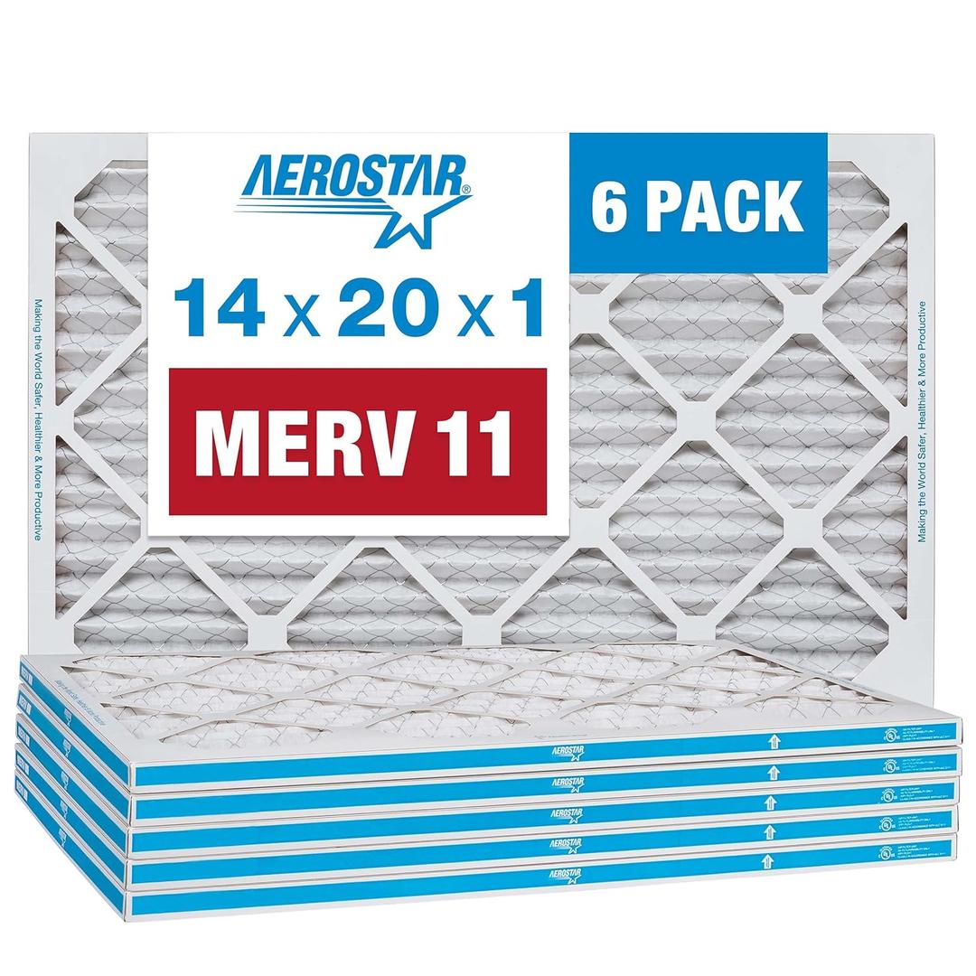 Aerostar 14x20x1 MERV 11 - 6 Count - Pleated HVAC, Furnace & Air Conditioner Filters - Removes Dust, Cold & Flu Germs, Lint, Mold, Pet Dander, Allergy-Causing Pollen, Smog & Smoke
