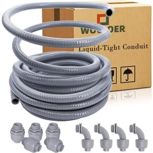 50 Foot Liquid-Tight Conduit Kit - 1/2inch Flexible Non Metallic Liquid Tight Electrical Conduit and 5 Straight and 4 Angle Fittings Included. 1/2" Dia