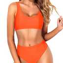 Tempt Me Women Orange Two Piece Scoop Neck Bikini Crop Top Swimsuit Sporty High Waisted Bathing Suit XXS