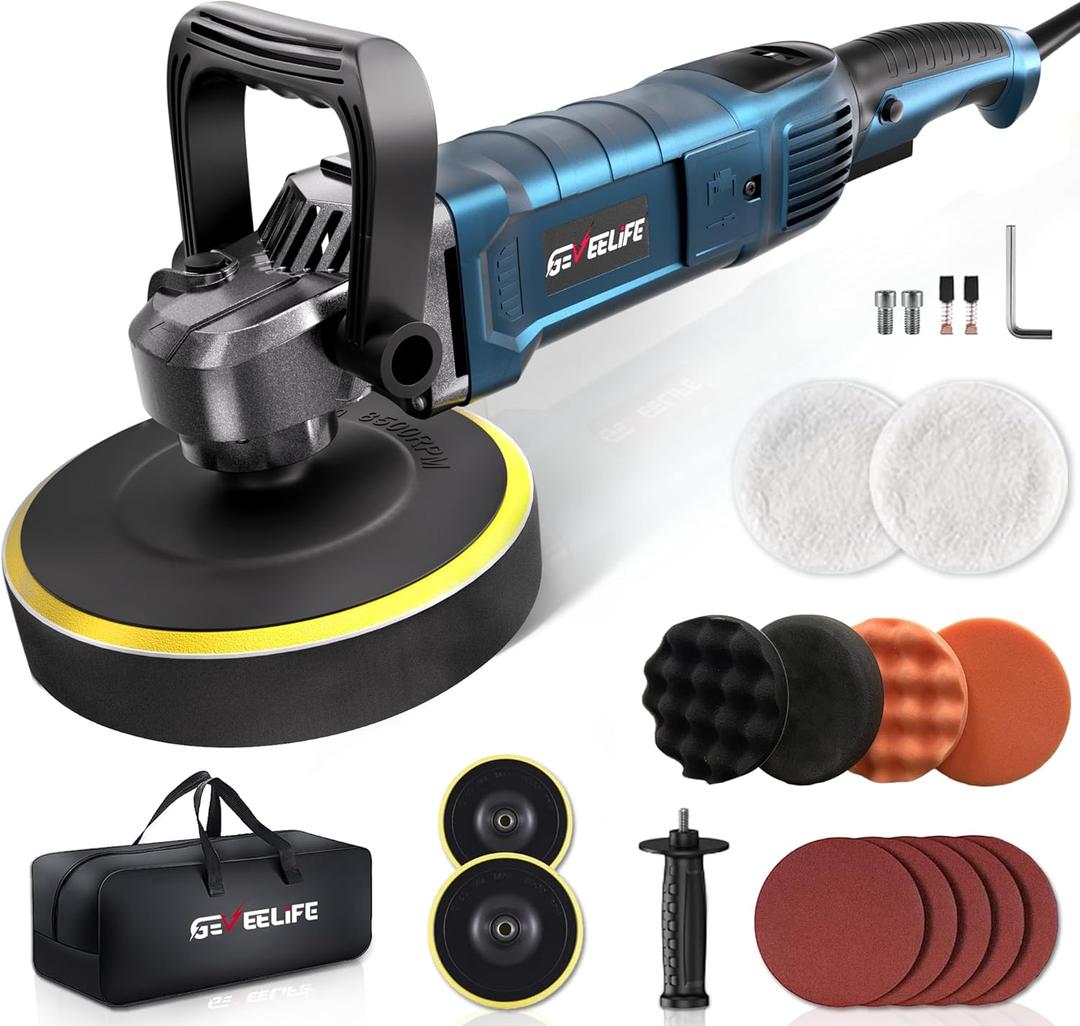 GEVEELIFE Buffer Polisher, 6 Inch/7 Inch 1600W Rotary Car Buffer Polisher Waxer, 7 Variable Speed 1000-3500 RPM, Detachable Handle for Car, Boat Sanding, Polishing, Waxing (Black)