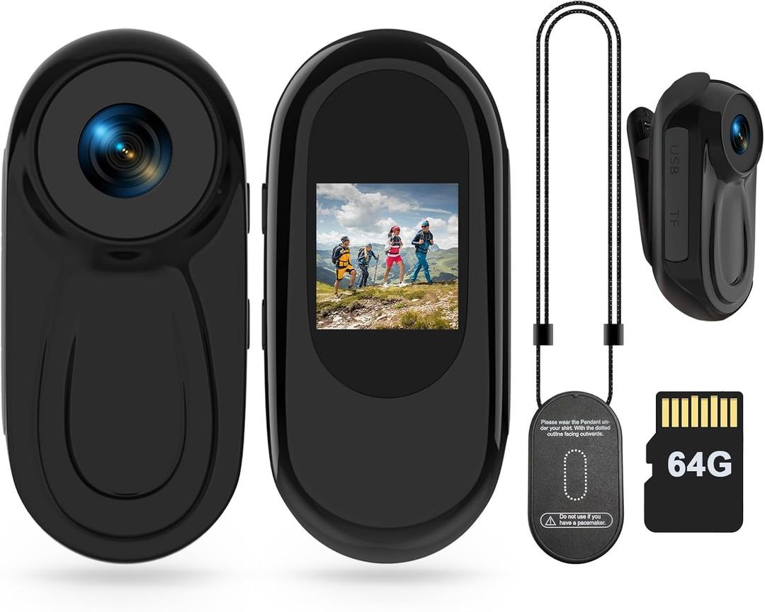 Mini Body Camera HD 1080P Thumb Action Cam, Wearable Body Cam with 64G Card Night Vision 0.9 Display Magnetic Pendant, POV Cam Portable Sports Cam for Pet Cycling Vlogging, Gift for Valentine's Day