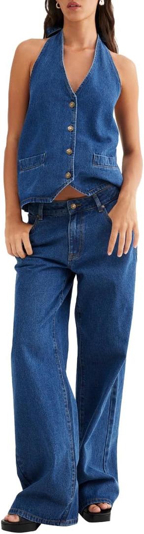 Fisoew Women's Two Piece Denim Set Button Down Backless Tank Top and Wide Leg Jeans 2 Piece Outfit Suits (Large, Navy Blue)