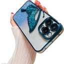 Ownest Compatible for iPhone 14 Pro Case with Luxury Glitter Cute Butterfly Plating Design Aesthetic Women Teen Girls Phone Cases Camera Protection Shockproof Cover-Blue
