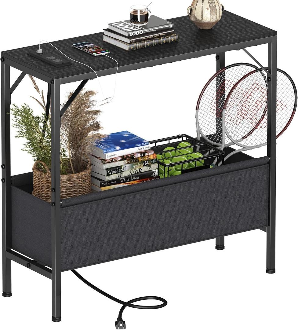 Skinny Console Table with Charging Station and Storage Basket, 31.5'' Couch Table Behind Sofa, Small Entryway Table, Narrow Sofa Table for Hallway, Foyer, Living Room, Black Skinny Console Table with Charging Station and Storage Basket, 31.5'' Couch Table Behind Sofa, Small Entryway Table, Narrow Sofa Table for Hallway, Foyer, Living Room, Black