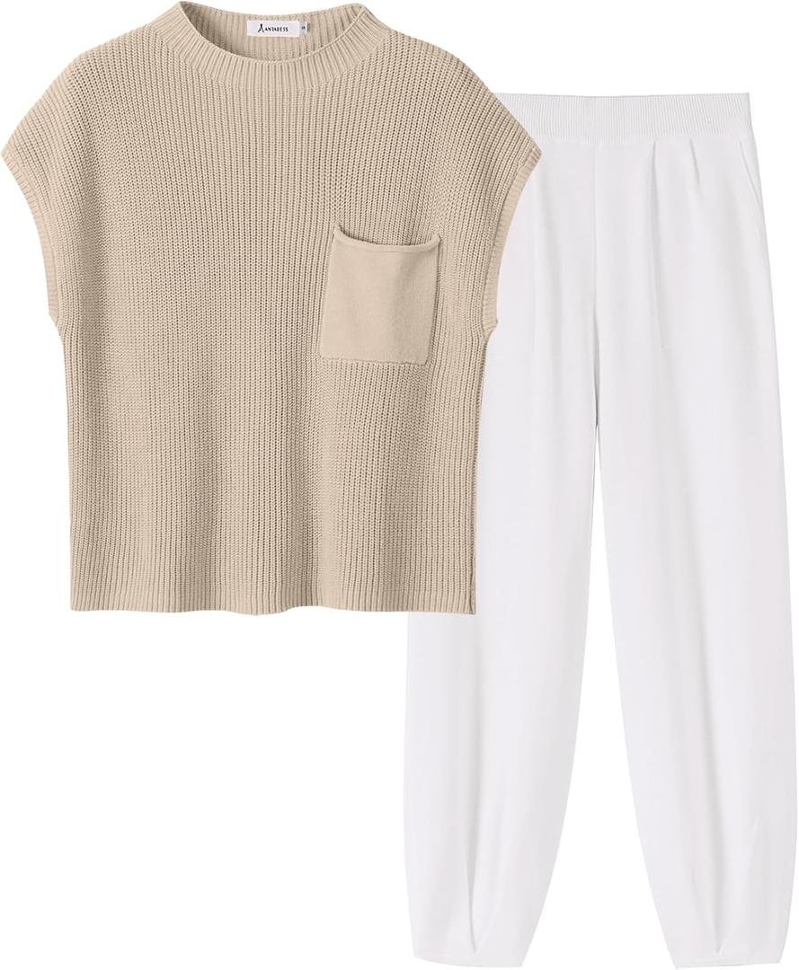 ANRABESS Women Two Piece Outfits Summer Sweater Vest Crop Top Pants Lounge Matching Set Travel Airport Beach Vacation Clothes (Small, Khaki White)
