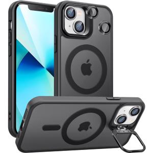 Magnetic for iPhone 13 Mini Case with Stand, Compatible with Magsafe, Military Protection & Camera Lens Protector Translucent Matte Case,Black