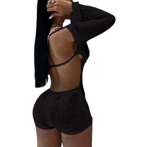 Women Sexy Off Shoulder Crochet Knitted Hollow Out Long Sleeve Romper Backless Bodycon Party Club Night Rompers (Large, Black 1)