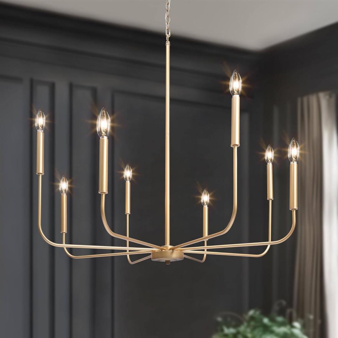 LALUZ 8-Light Gold Chandelier, 31.5'' Large Farmhouse Dining Room Light Fixture Over Table, Modern Chandeliers Hanging Lights Fixtures for Living Room Foyer Staircase High Ceilings