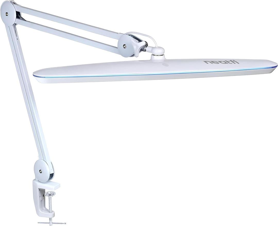 Neatfi Pro Series LED Desk Lamp – True Color Accuracy (CRI 95) | 2,200 Lumens, 24W | 23" Shade | Dimmable | Professional Light for Artists, Crafters, Home & Office (White, Non-CCT with Clamp)