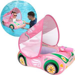 Swimbobo Toddler Pool Float Inflatable Car Baby Swim Float with Adjustable Sun Canopy and Safety Seat Pool Toys for Kids 3+ Years Old (Pink Green Car)