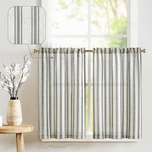 jinchan Striped Linen Kitchen Curtains 36 Inch Tiers Cafe Curtains Farmhouse Small Drapes for Windows Short Balanced Stripe Half Window Light Filtering for Bathroom Laundry 2 Panels Black on Linen