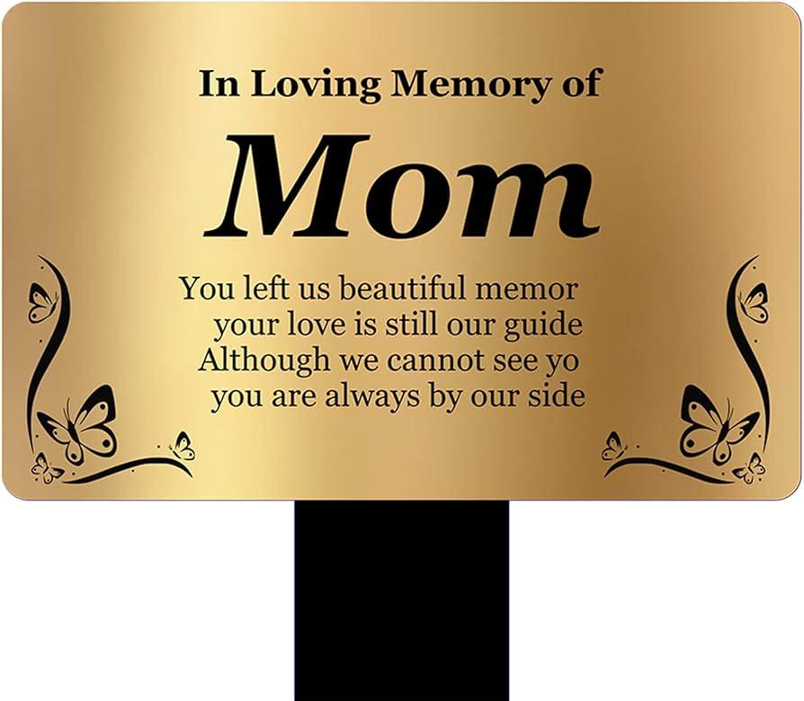 Memorial Plaque for Mom - Elegant Gold Aluminium Grave Marker with Black Acrylic Stake - Remembrance Garden Sign - Bereavement Gift