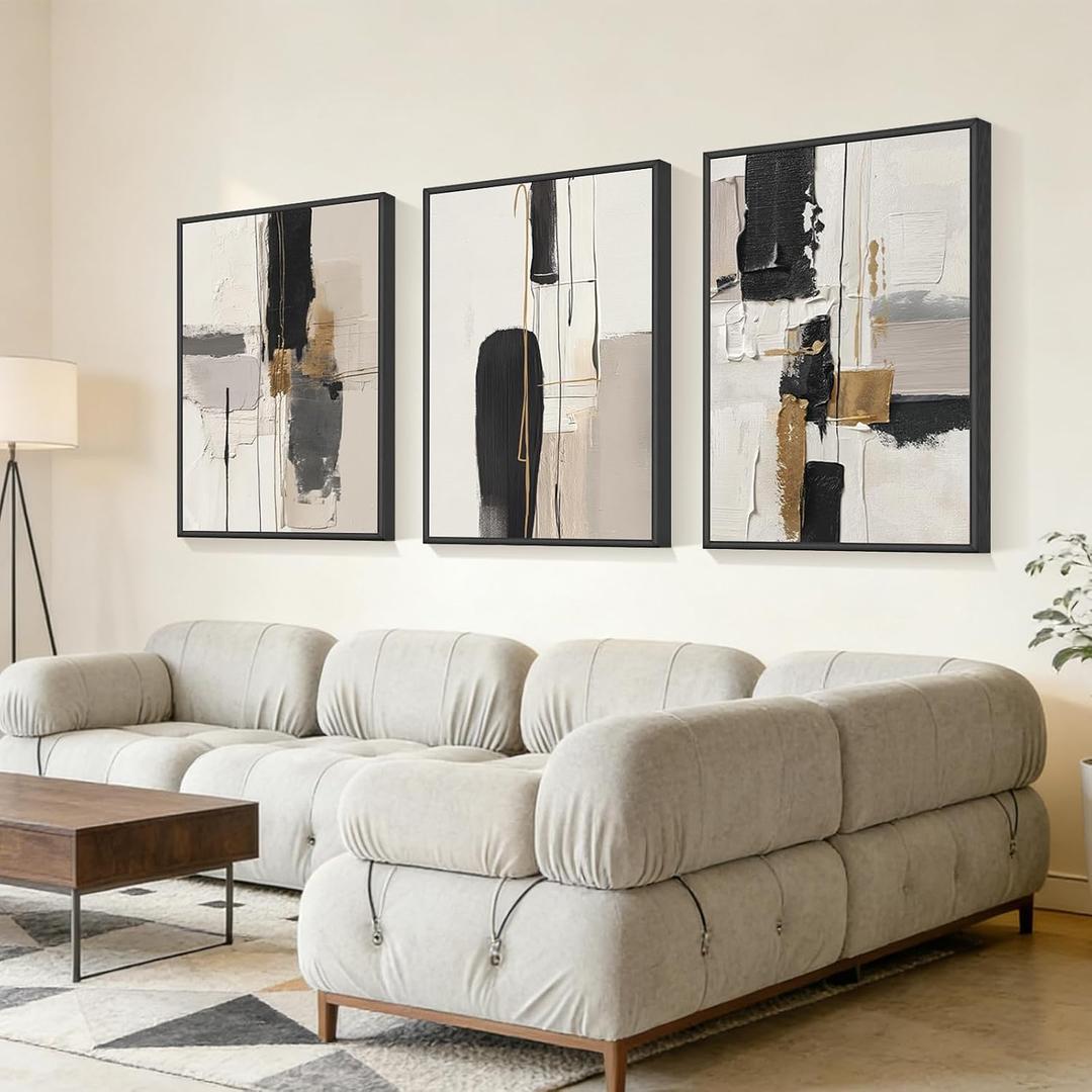 Neutral Abstract Wall Art Set of 3 Framed Canvas Prints, 16x24 Inch Modern Beige Black Abstract Paintings with Gold Accents, Minimalist Wall Decor for Living Room Bedroom Dining Room, Metal Frame Ready to Hang