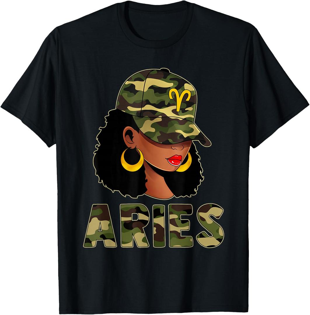Aries Queen Camouflage Black Woman Cap Zodiac Sign T-Shirt, L