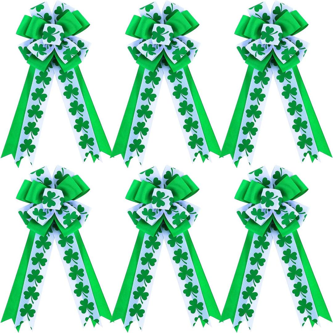 WILLBOND 6 Pcs St. Patrick's Day Wreath Bow Green Shamrock Satin Bow Gift, Clover Irish Holiday Ornament for Saint Patrick's Day Party Decor Door Wall Porch Indoor Outdoor Decoration