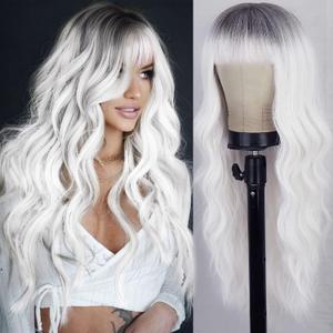 AISI QUEENS White Wigs for Women, Ombre White Wig with Bangs Long Wavy Wig Hair Dark Root Synthetic Wigs Heat Resistant Fiber for Daily Party Use