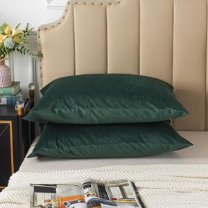 H HOUSEHOLD Set of 2 Velvet King Size Pillowcase, Soft and Cozy Luxury Fuzzy Flannel 20x36 Inches Pillow Cover with Zipper (King (20 x 36 Inch), Dark Green)