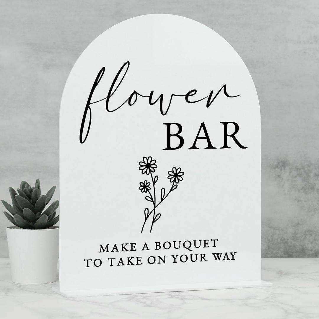 Acrylic Flower Bar Sign- 8"x10" White Arch Acrylic Table Sign and Base,1/8" Thick | Modern Calligraphy Arched Flower Bar Sign for Bridal Shower & Party (White, 8x10 Inch)