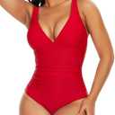 SHAPERIN Women One Piece Swimsuits Tummy Control V Neck Bathing Suits Ruched Push Up Padded Swimwear M