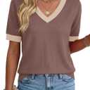 Rapbin Womens Short Sleeve Sweater Summer V Neck Tops Casual Knit Shirts Lightweight Pullover Top, Large