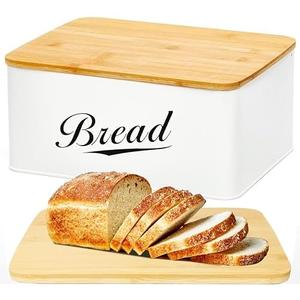 RoyalHouse Modern Metal Bread Box with Bamboo Cutting Board Lid, Bread Storage Container for Kitchen Counter, Vintage Kitchen Decor Organizer