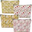 4 Packs Watercolor Pink Yellow Flowers Makeup Bag Floral Cosmetic Bag Friend Friendship Gifts for Women Girls Sister Boss Botanical Travel Organizer Zipper Pouch Christmas Thanksgiving Birthday Gifts