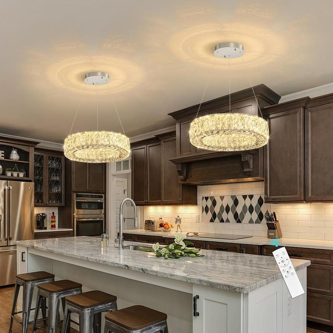 Modern Chandelier for Dining Room Dimmable LED Pendant Lights for Kitchen Island Lighting Silver Ring Crystal Chandeliers for Bedroom Entrance Living Room, Ring 12"