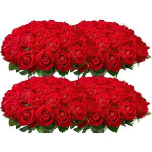 Wondrus Bulk Artificial Flowers 100 PCS, Fake Velvet Silk Red Roses with Long Stems Realistic Bouquet for Wedding Centerpieces, Faux Arrangement for Home Table Decor