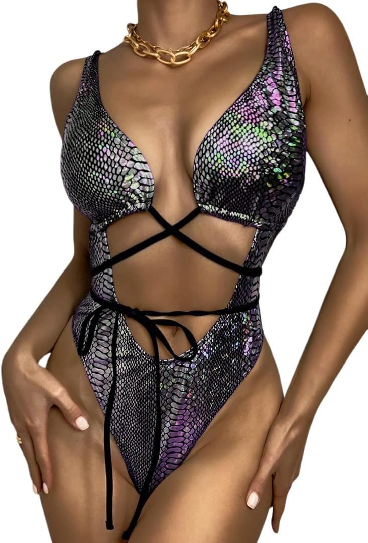 Women's Metallic Snakeskin One Piece Swimsuits Rave Outfit Bathing Suits (Medium, Multicolor)