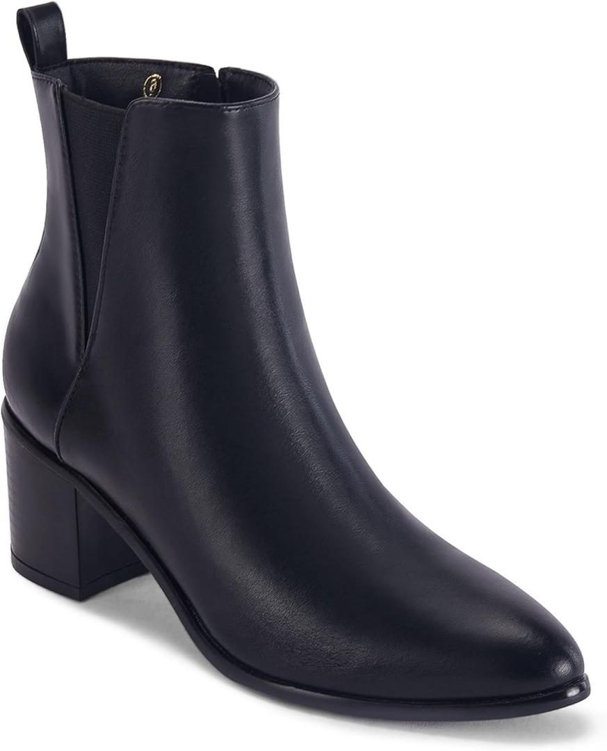 Coutgo Womens Pointed Toe Ankle Boots Chunky Block Stacked Heel Side Zipper Chelsea Fall Booties (8, Black(leather))