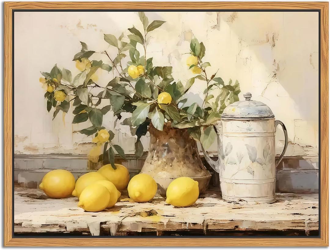 Floating Framed Vintage Kitchen Wall Art, Yellow Lemon Still Life Wall Decor Oil Paintings, Rustic Farmhouse Artwork Canvas Posters Prints Pictures for Living Room Bedroom Home Decor 8x10 Inch