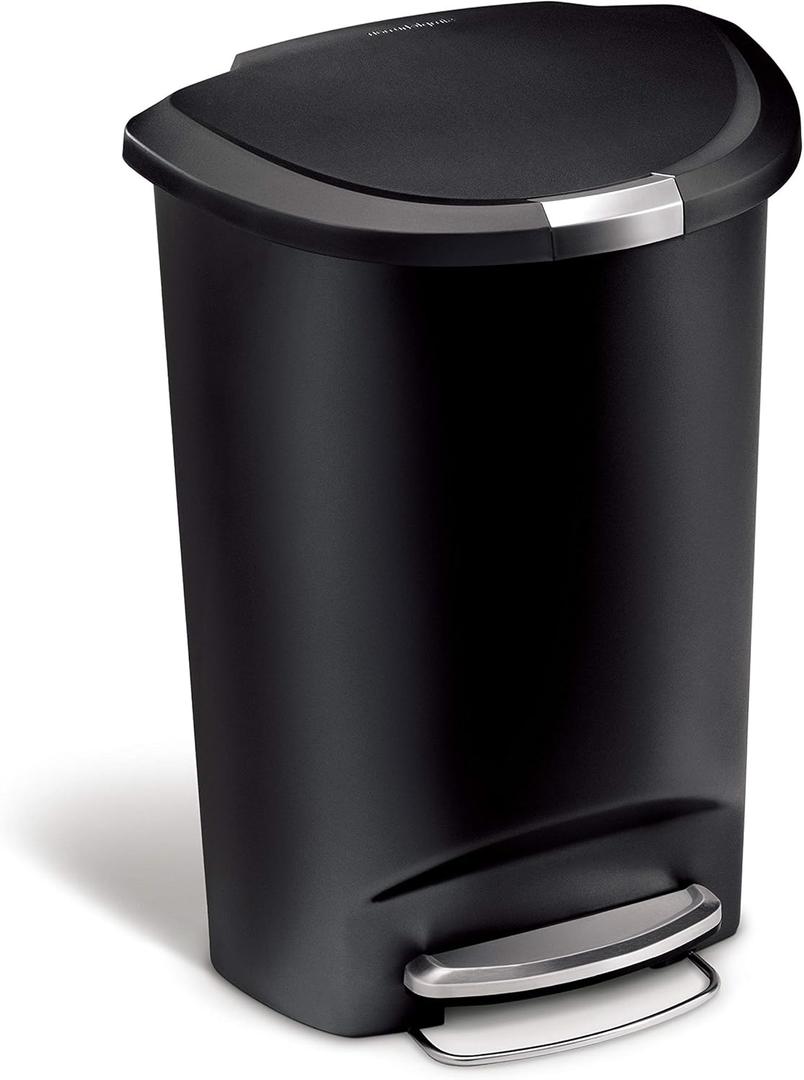 Simplehuman 50 Liter / 13 Gallon Semi-Round Kitchen Step Trash Can with Secure Slide Lock, Black Plastic