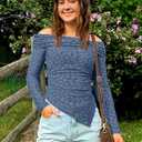 ZESICA Women's Fall Floral Off Shoulder Tops 2025 Mesh Long Sleeve Shirts Asymmetrical Ruched Tee Blouses Trendy Outfits (Blue, XL)