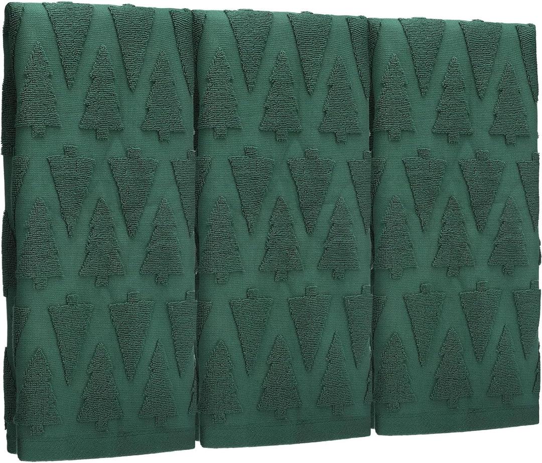 Hahafelt 3 Pcs Dark Green Christmas Tree Hand Towels for Bathroom 100% Cotton Xmas Jacquard Decorative Bath Towels for Winter Modern Christmas Kitchen Decor Gift Spa Gym Sport, 13.8 x 29.5