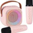 Karaoke Machine for Kids Adults, Mini Portable Bluetooth Karaoke Speaker with 2 Wireless Microphone and Lights,Toys for All Smartphones,Birthday, Family,Home Party Pink