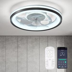 Ceiling Fan with Light and Remote, 19" Low Profile Flush Mount, 6-Speed, DC Motor, Dimmable 3000K-6500K LED, Black Fandelier Ceiling Fan for Bedroom, Dining Room, Small Room
