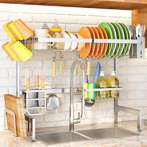 Over The Sink Dish Drying Rack - Adjustable Dish Rack for Kitchen Counter,Metal (Silver)