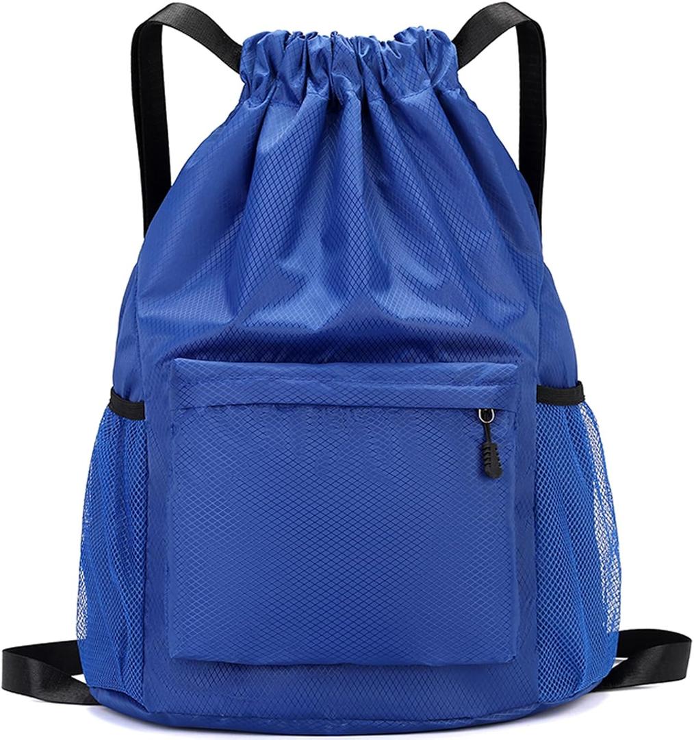 Drawstring Backpack, Gym Bag with Water Bottle Pocket, Waterproof String Backpack for Soccer, Basketball, Swim for Women Men (Blue